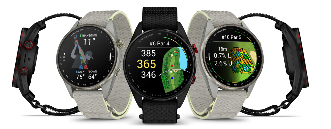 Garmin Approach S72 golf GPS smartwatch, five views showing swing metrics, course distances and green contours