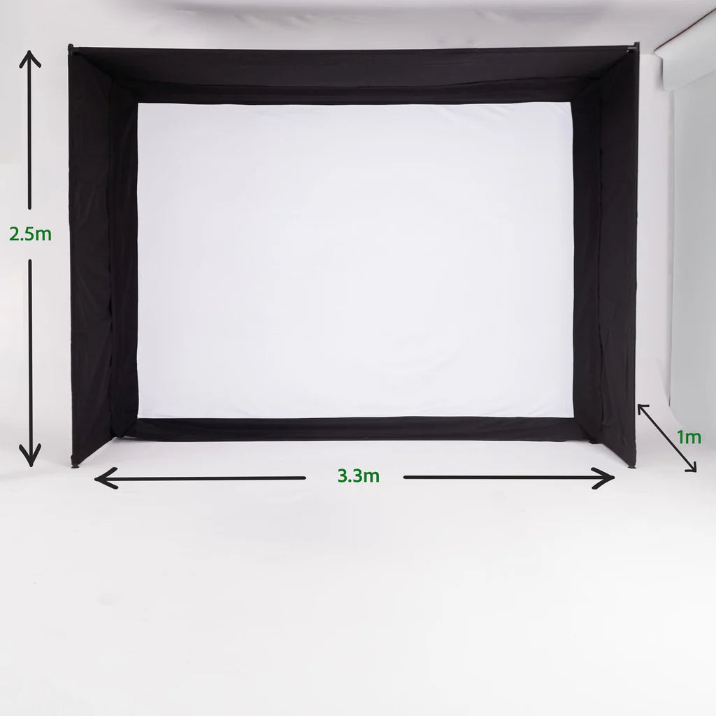 GolfBays EasySim golf simulator enclosure showing full dimensions for home simulator installation.
