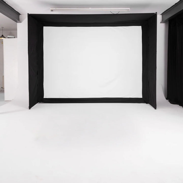 GolfBays EasySim Golf Simulator Enclosure with Lite impact screen and black fabric surround
