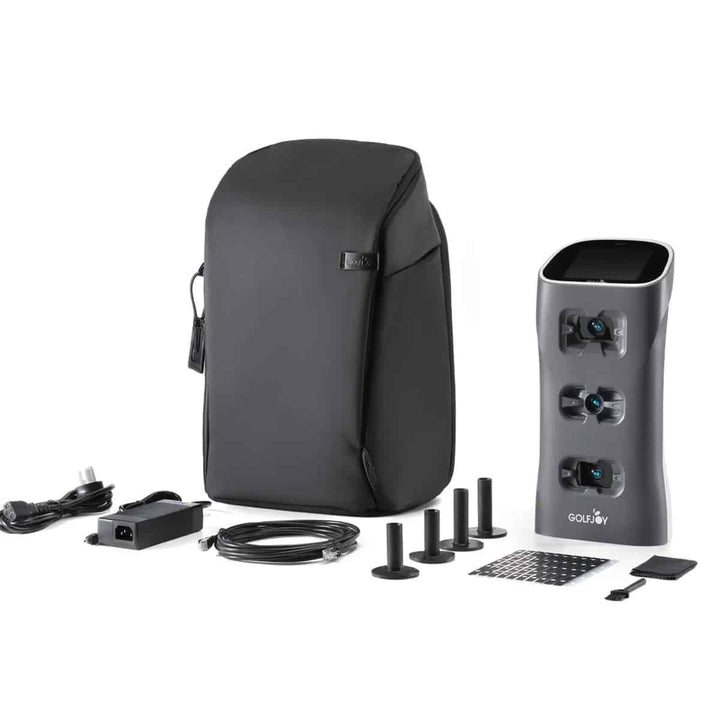 Golfjoy Spica 3 PLUS — visuel officiel de l’appareil, du sac de transport et des accessoires