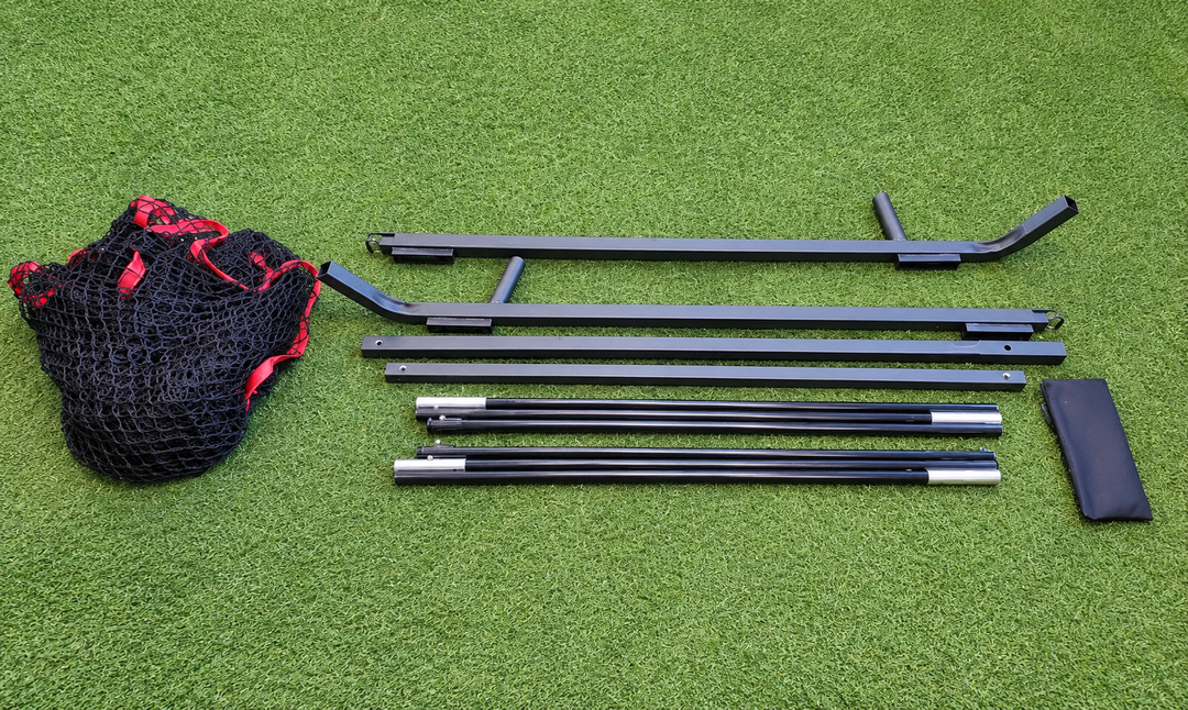 Disassembled frame components and net of the Golf at Home practice net