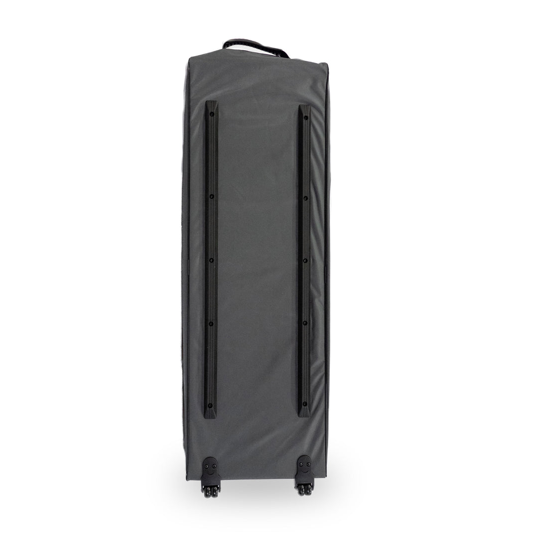 Bottom view of the Pro on the Go bag highlighting the reinforced plastic rails and wheel mounts.