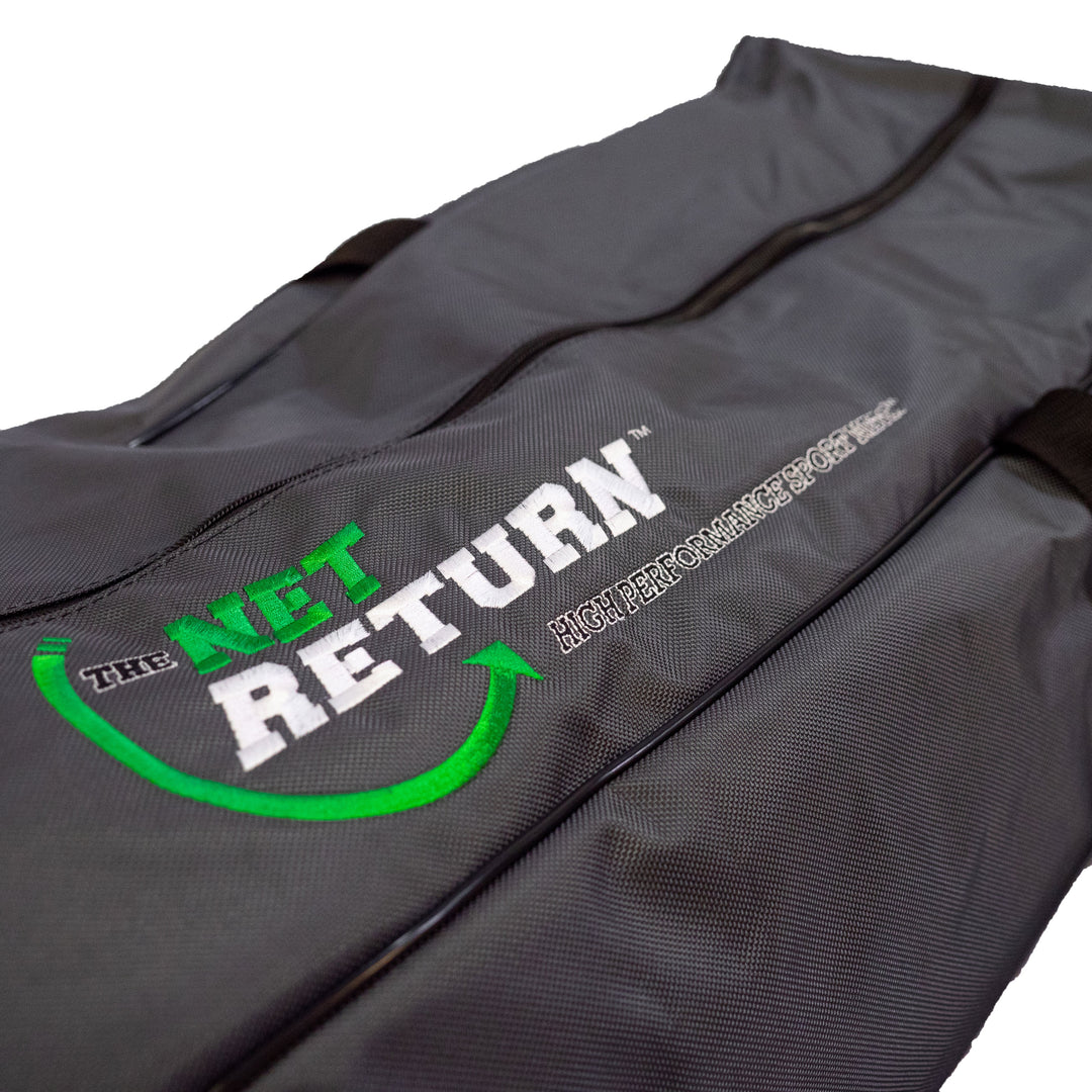 Close-up of the embroidered Net Return logo on the duffle bag.