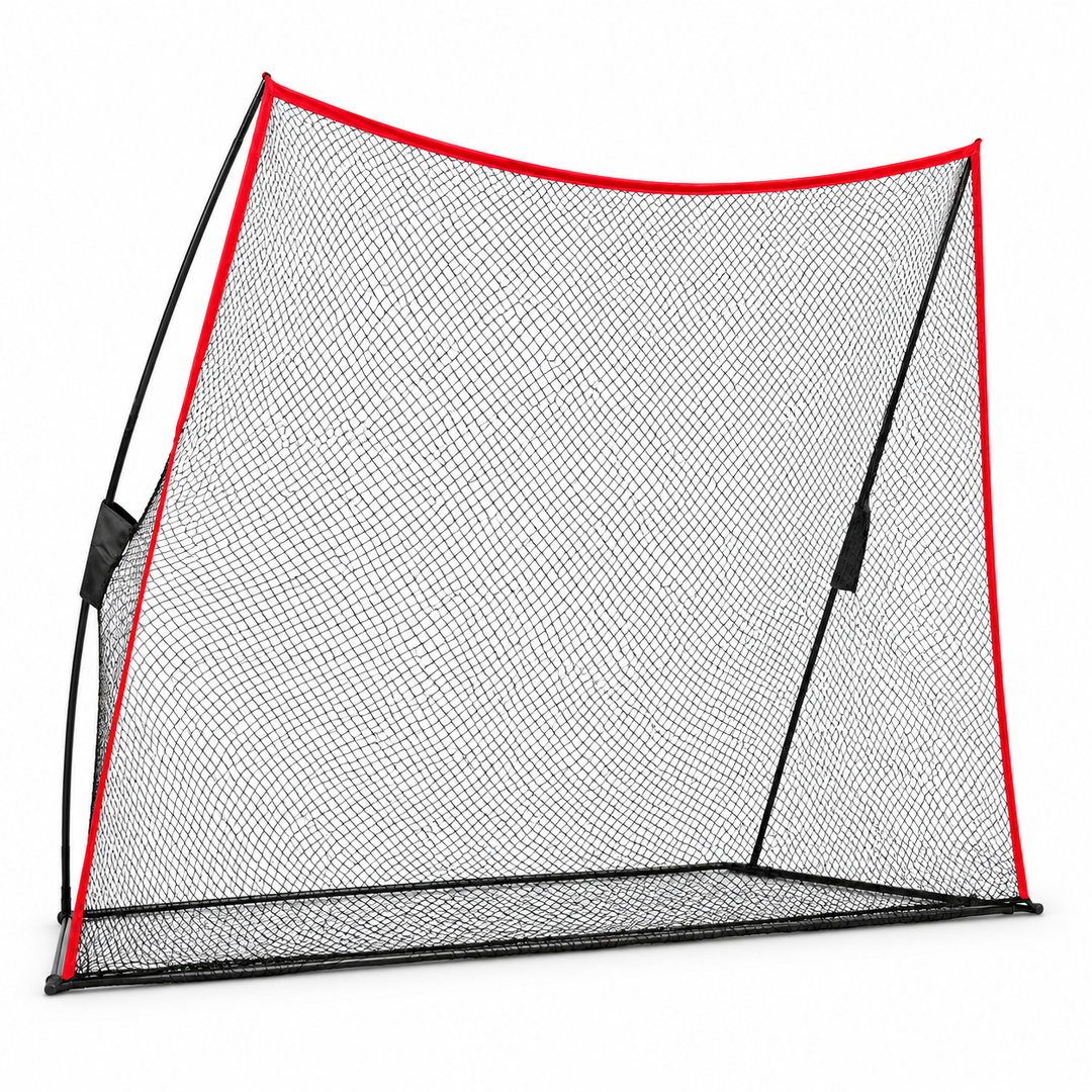 Freestanding golf practice net with red edging and black frame on a white background