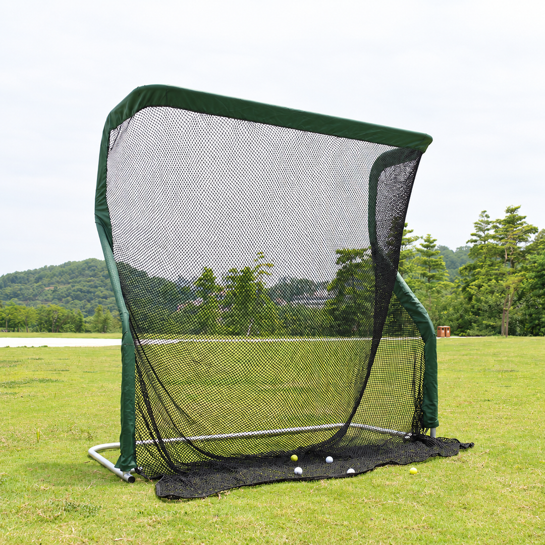 Practice Net Pro golf net viewed from the front on grass without side barriers attached