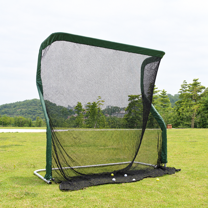 Practice Net Pro golf net viewed from the front on grass without side barriers attached