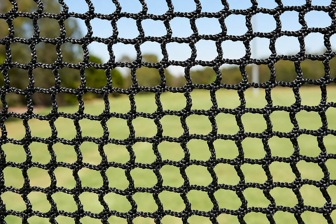 Close-up of black twisted net cords and knots against a blurred outdoor background