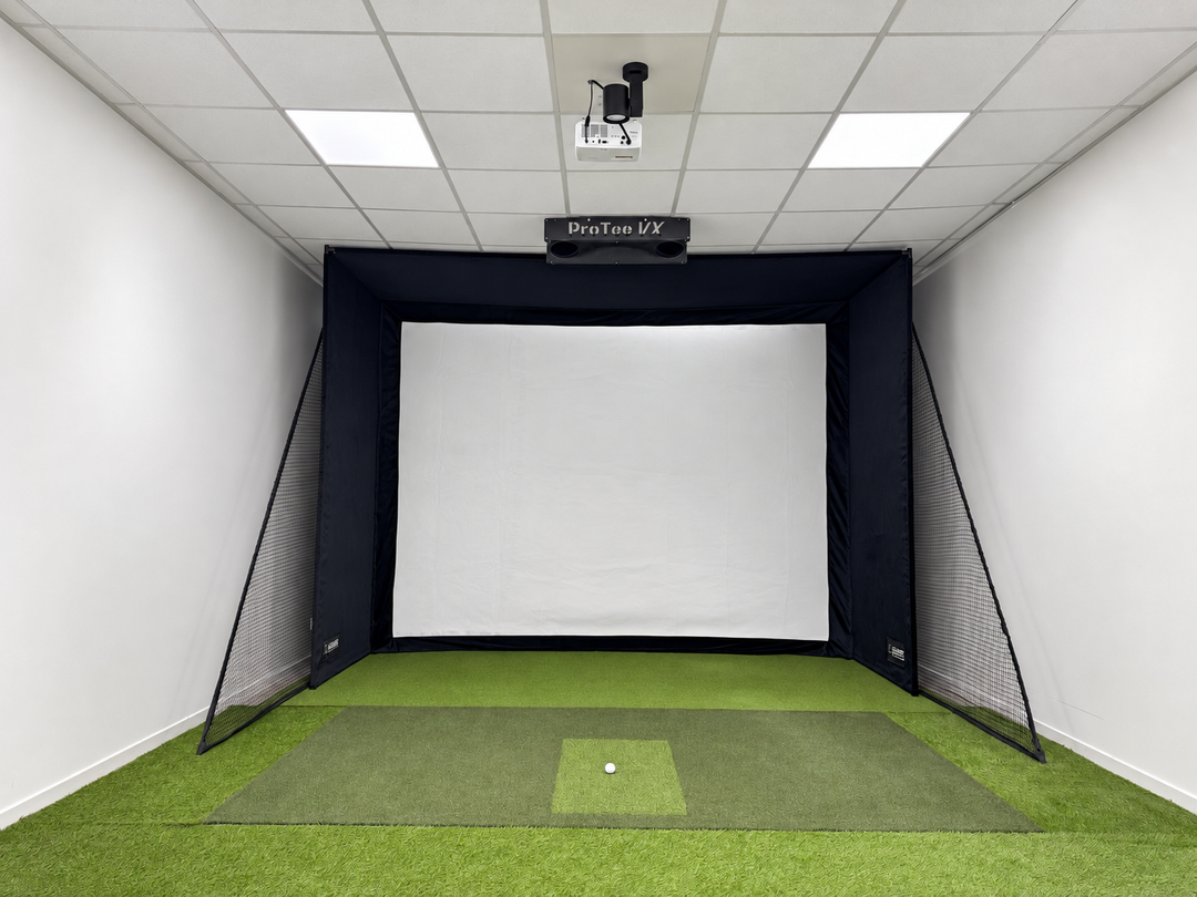 Pro Turf golf mat with a Tee Line hitting insert installed in a golf simulator