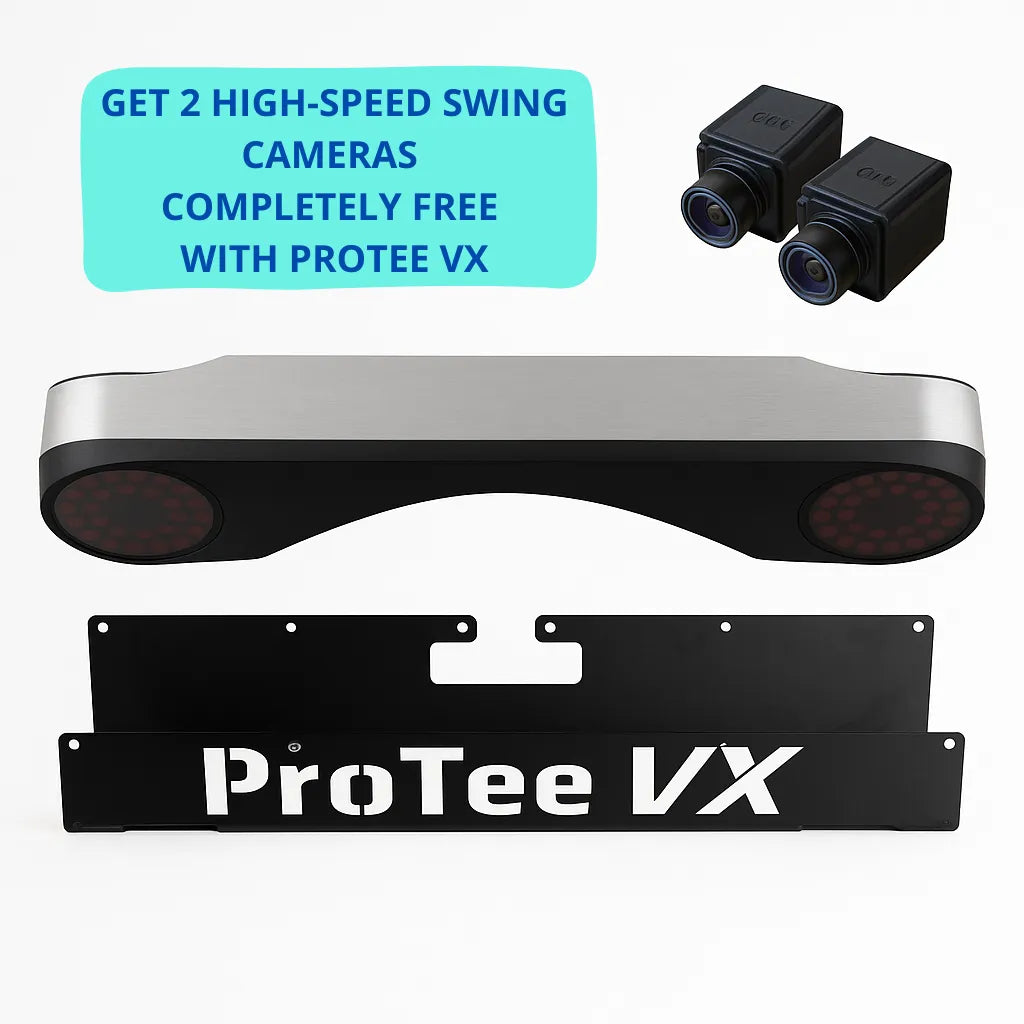 ProTee VX golf swing analysis system with high-speed swing cameras on a white background