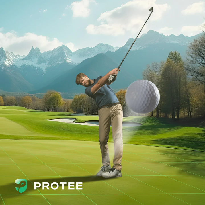 Man playing golf on a scenic course with mountains in the background, featuring the brand 'Protee'.