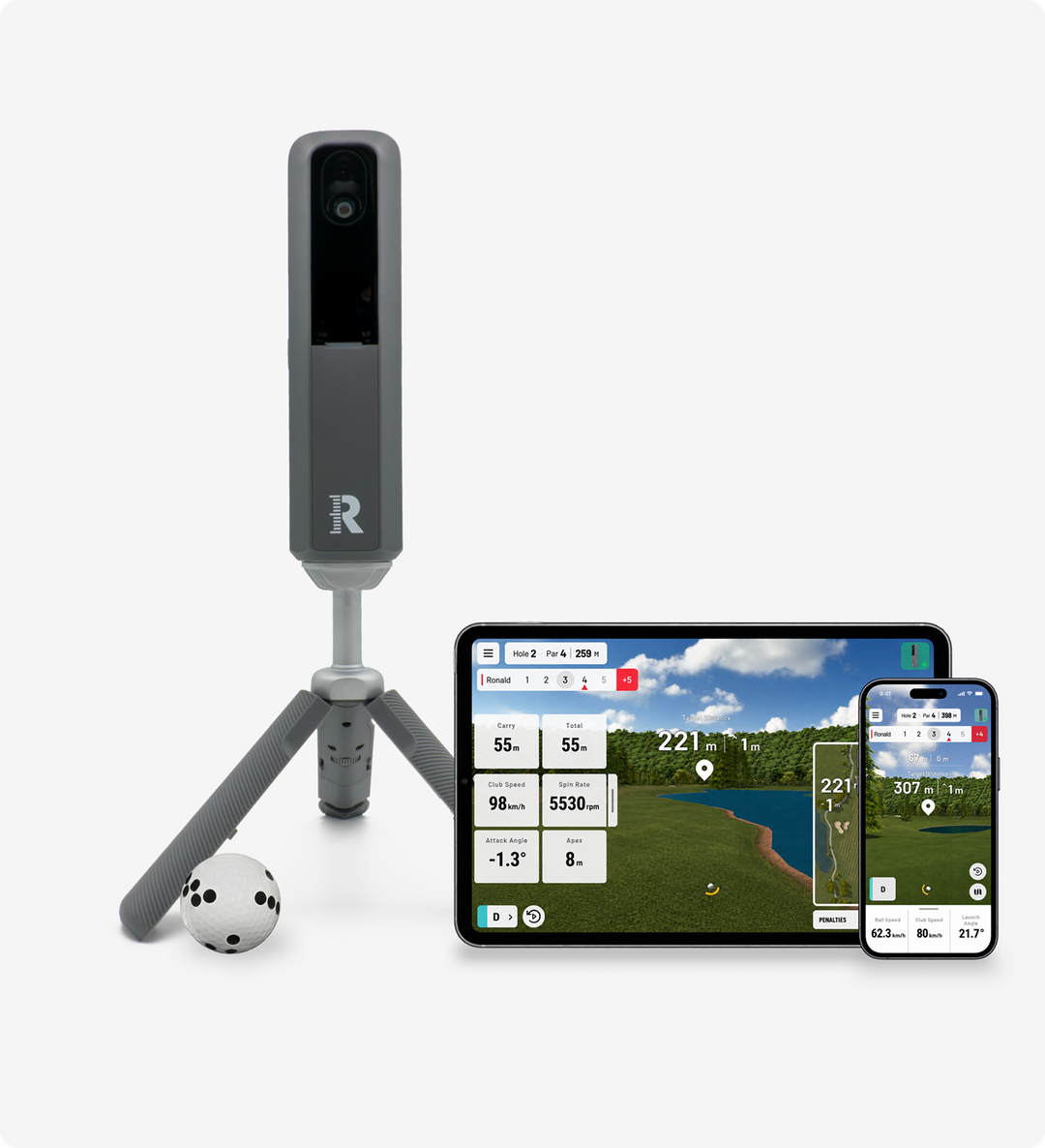 Rapsodo MLM2XPRO auf seinem Stativ neben Tablet und Smartphone mit Golfdaten
