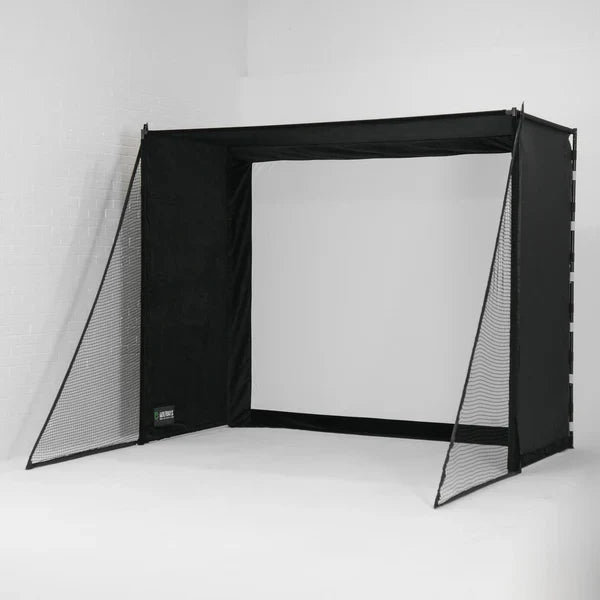 GolfBays SimBox golf simulator enclosure with side safety nets and impact screen – available at Golf and Greens