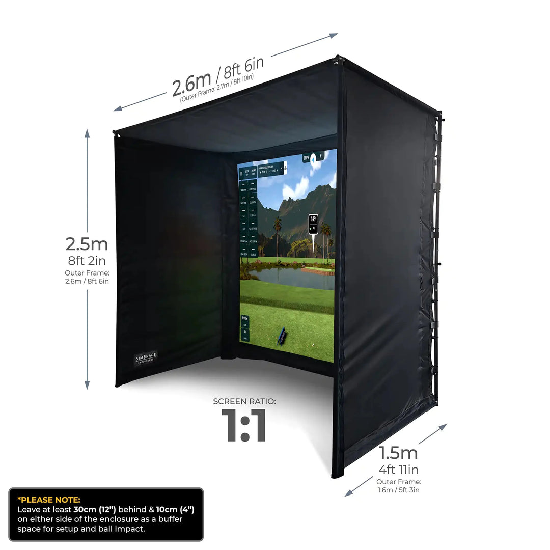 SimSpace SIM 1 golf simulator enclosure showing 2.6 × 2.5 × 1.5 m dimensions with a 1:1 impact screen ratio, black side panels, and full simulator setup