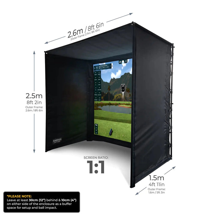 SimSpace SIM 1 golf simulator enclosure showing 2.6 × 2.5 × 1.5 m dimensions with a 1:1 impact screen ratio, black side panels, and full simulator setup