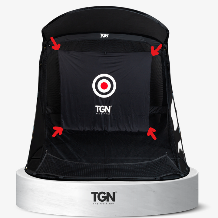 Golf training screen with visible fixings