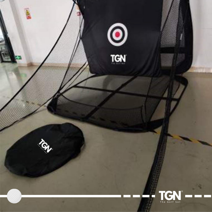 Golf net setup with weighted sandbags