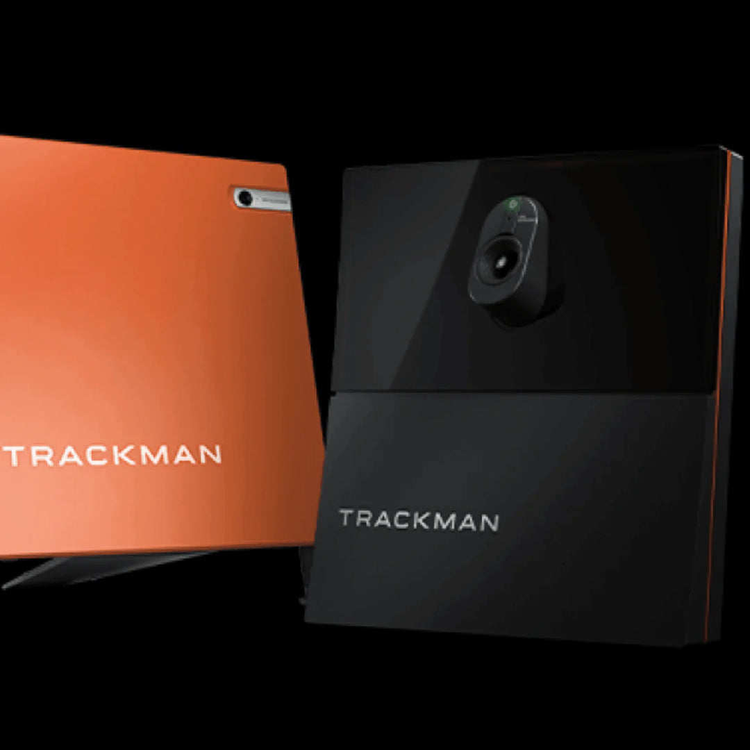 Trackman iO and Trackman 4 launch monitors side by side showing ceiling-mounted and portable models