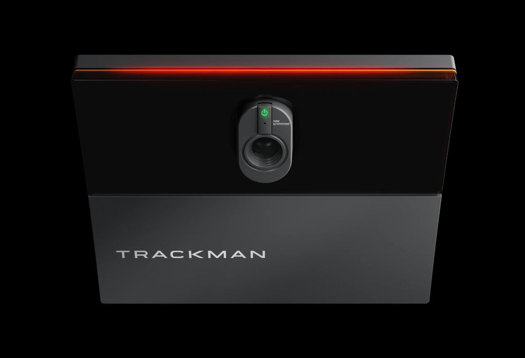 Front view of Trackman iO ceiling-mounted indoor golf launch monitor with LED light and precision radar camera