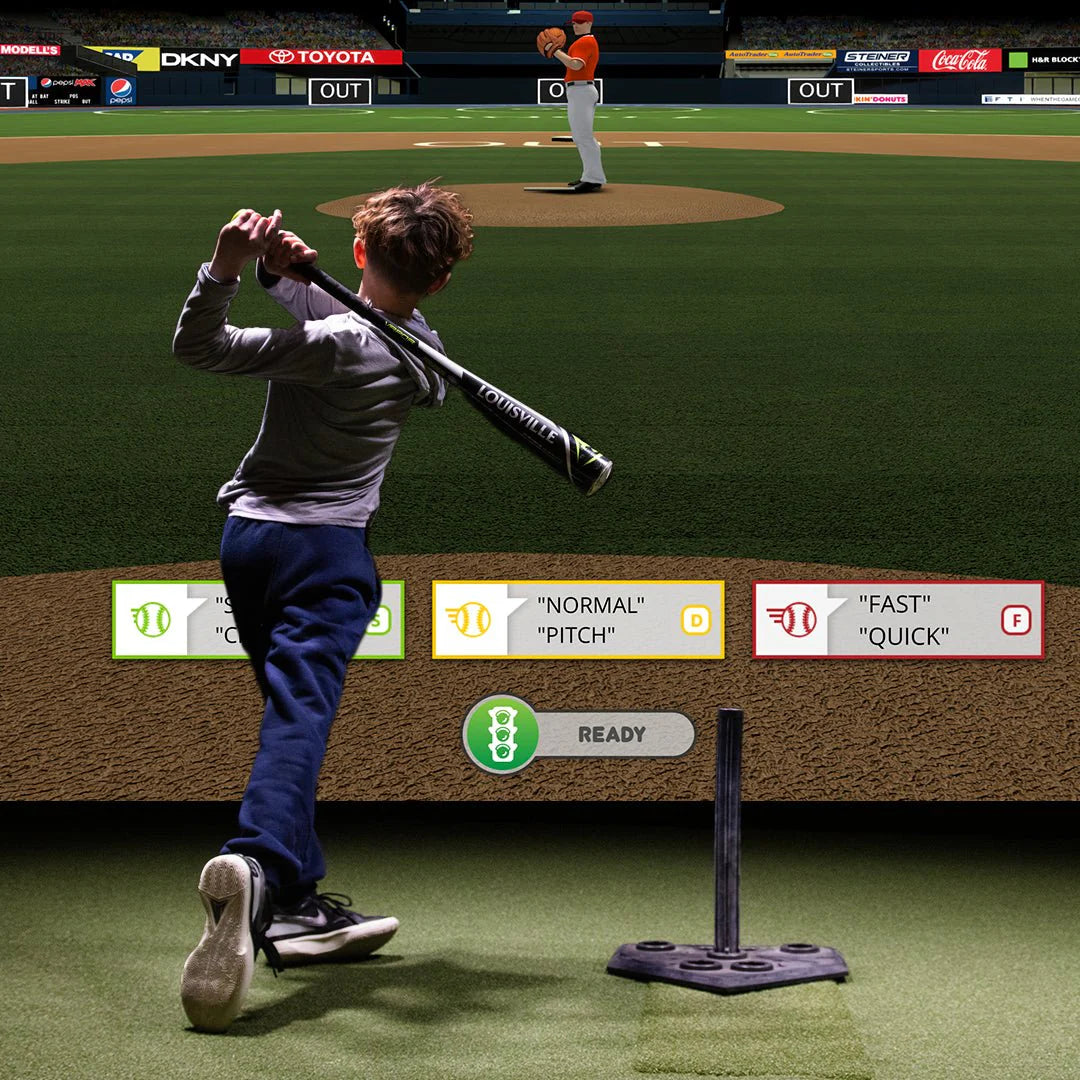Child swinging bat in TruGolf MultiSport ARCADE Rally Baseball game – immersive sports simulator for families