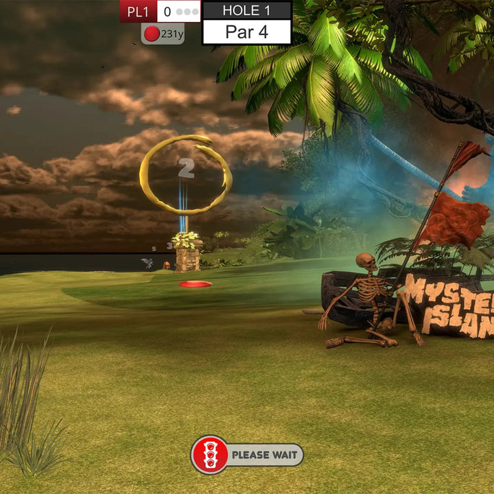 TruGolf MultiSport ARCADE – Disc-Go Golf game on Mystery Island course with flying disc target."