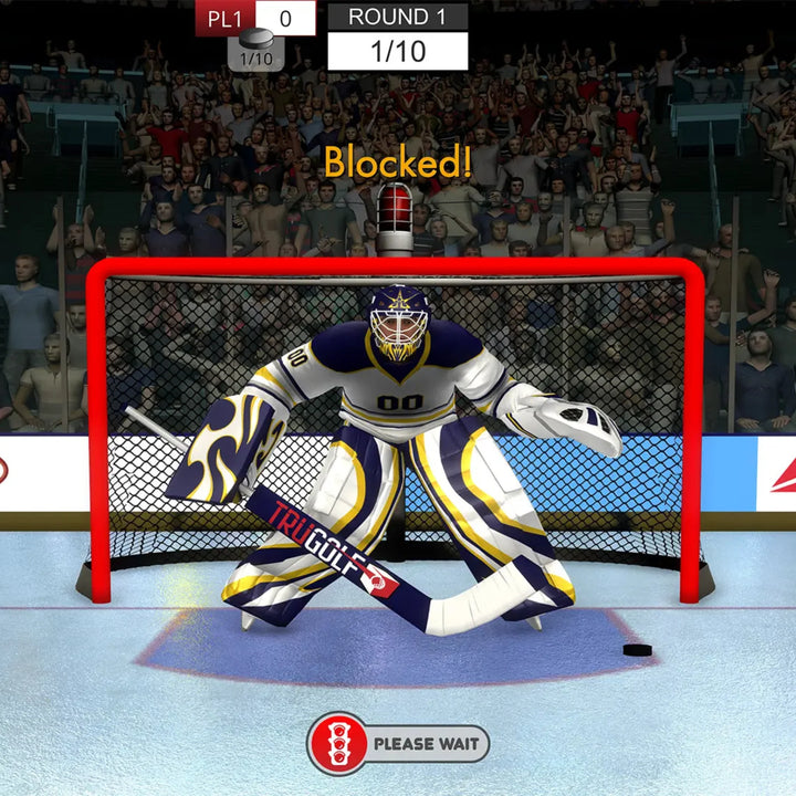 TruGolf MultiSport ARCADE – Slapshot Hockey game with goalie blocking a shot.