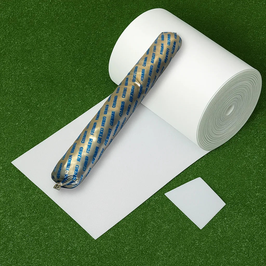 Turf Seam Bundle including Mapei 600ml glue, 4m artificial grass jointing tape, and free glue comb for professional turf installation.